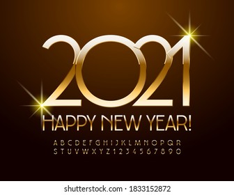 Tarjeta de felicitación de élite vectora ¡Feliz Año Nuevo 2021! Glamour Font con estilo. Juego de letras y números de alfabeto dorado y elegante