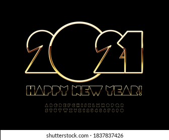 Vector elite greeting card Happy New Year 2021! Abstract chic Font. Premium Gold Alphabet Letters and Numbers set