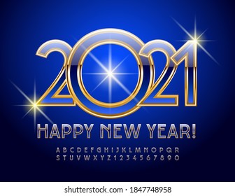 Tarjeta de felicitación de élite vectora ¡Feliz Año Nuevo 2021! Royal Blue y Gold Font. Elegante juego de letras y números de alfabeto brillante