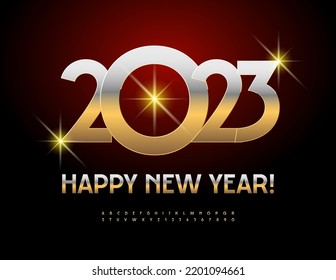 Tarjeta de felicitación de élite vectora ¡Feliz Año Nuevo 2023! Elegante Fuente Dorada. Juego de letras y números de alfabeto metálico elegante