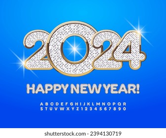 Vector elite greeting card Happy New Year 2024! Rich Alphabet Letters and Numbers set. Gold and Diamond textured Font