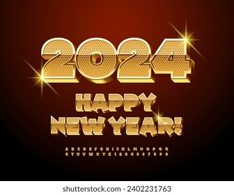 Vector elite Greeting Card Happy New Year 2024! Chic Golden 3D Font. Luxury Alphabet Letters and Numbers set.