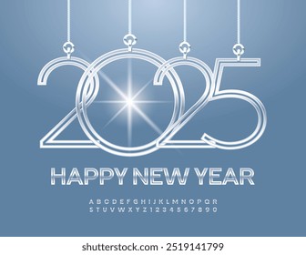Tarjeta de felicitación de élite de Vector Feliz año Nuevo 2025 con Silver Toys! Fuente moderna con estilo. Conjunto exclusivo de letras y números del alfabeto.