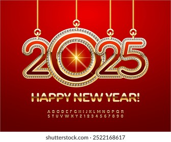 Tarjeta de felicitación de la élite del Vector Feliz año Nuevo con los juguetes brillantes 2025! Premium Gold fuente. Conjunto de letras y números de alfabeto elegante.