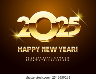 Vector Elite Greeting Card Happy New Year 2025! Shiny Golden Alphabet Letters and Numbers. Uppercase Chic 3D Font.