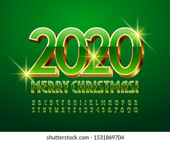 Vector elite greeting card Merry Christmas 2020 with shiny Alphabet. 3D luxury Font. Green and Gold Letters and Numbers