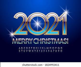 Tarjeta de bienvenida de élite vectora Feliz Navidad 2020. Fuente de lujo azul y oro. Juego de letras y números decorativos de alfabeto
