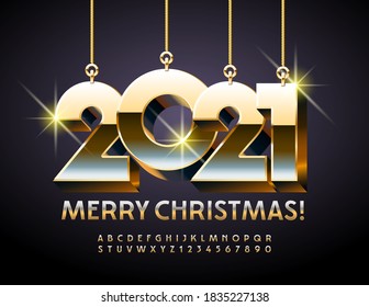 Vector elite greeting card Merry Christmas with chic toys 2021! Premium metallic Font. Gold Alphabet Letters and Numbers set