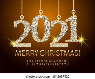 Vector elite greeting card Merry Christmas with brilliant toys 2021. Golden Alphabet Letters and Numbers set. Elite style Font