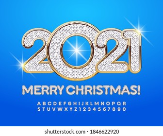 Vector elite greeting card Merry Christmas 2021! Precious Gold and Silver Font. Royal brilliant Alphabet Letters and Numbers set