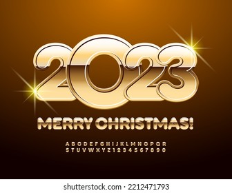 Vector elite Greeting Card Merry Christmas 2023! Rich style Font. Golden Alphabet Letters and Numbers set