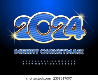 Tarjeta de felicitación de élite vectorial ¡Feliz Navidad 2024! Letras y números de alfabeto azul y oro. Tipo de letra Premium
