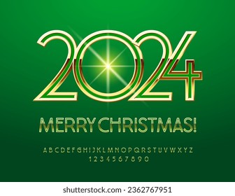 Tarjeta de felicitación de élite vectora Feliz Navidad 2024! Tipo De Letra Chic Slim. Letras y números de alfabeto premium verde y dorado.