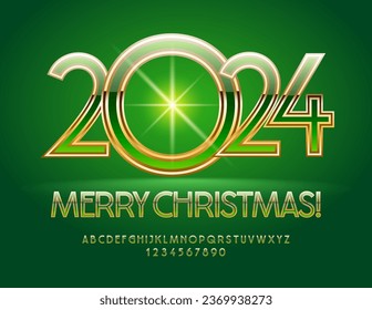 Vector elite Greeting Card Merry Christmas 2024! Stylish modern Font. Creen and Golden elegant Alphabet Letters and Numbers.