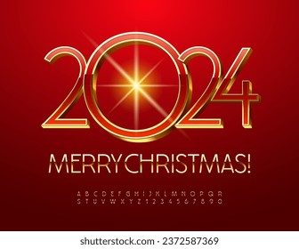 Vector elite Greeting Card Merry Christmas 2024! Gold Font. Exclusive Alphabet Letters and Numbers set 
