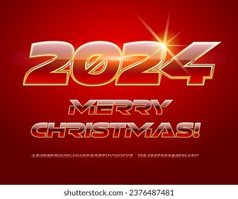 Vector elite Greeting Card Merry Christmas 2024! Futuristic Red and Gold Font. Glossy set of Alphabet Letters, Numbers and Symbols
