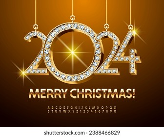 Vector elite greeting card Merry Christmas 2024 with brilliant gems. Gold shiny Font. Elegant set of Alphabet Letters and Numbers