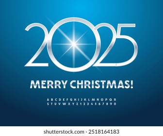 Vector elite Greeting Card Merry Christmas 2025! Slim Sliver Font. Set of Stylish Alphabet Letters and Numbers