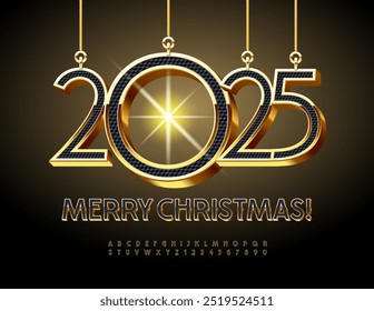 Vector elite Greeting Card Merry Christmas 2025 with Decorative Toys. Black and Gold Shiny Font. Chic Alphabet Letters and Numbers set.