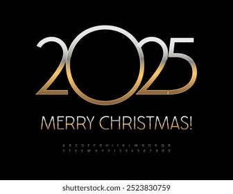 Vector elite Greeting Card Merry Christmas 2025! Modern Stylish Font. Golden slim Alphabet Letters and Numbers set.