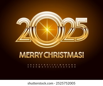 Vector elite Greeting Card Merry Christmas 2025! Gold chic Font. Set of glossy luxury Alphabet Letters and Numbers set