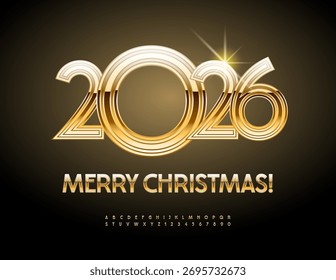 Vector Elite Greeting Card Merry Christmas 2026! Shiny Golden Font. Luxury Cool Uppercase Alphabet Letters and Numbers set.