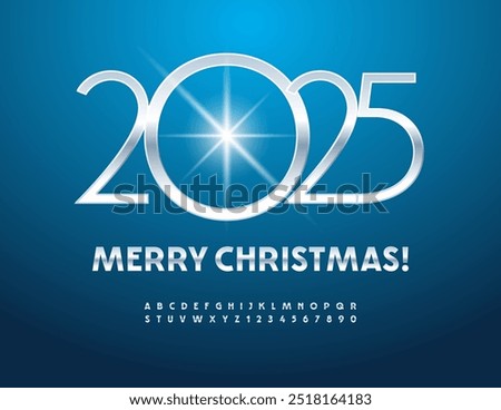 Vector elite Greeting Card Merry Christmas 2025! Slim Sliver Font. Set of Stylish Alphabet Letters and Numbers