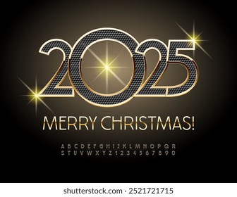 Vector elite Greeting Merry Christmas 2025! Premium Gold and Black Font. Trendy Alphabet Letters and Numbers set.