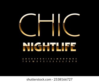 Vetor ícone elite Chic Nightlife. Fonte dourada de luxo. Conjunto de letras e números de alfabeto premium.