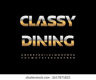 Vector Elite icon Classy Dining. Premium Futuristic Font. Luxury Cool Gold Alphabet Letters and Numbers set.