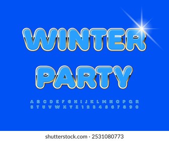 Invitación de élite de Vector Fiesta de Invierno. Única fuente azul y plata. Conjunto de letras y números de alfabeto brillante.