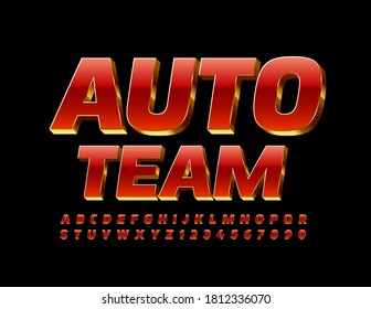 Vector Elite Logo Auto Team. Red And Gold Shiny Font. 3D Premium Alphabet Letters And Numbers Set