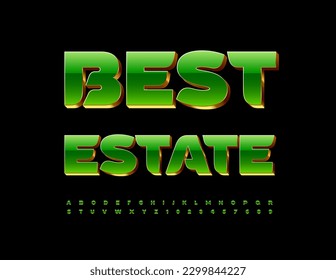 Vector elite logo Best Estate. 3D Green and Gold Font. Uppercase Alphabet Letters and Numbers set