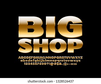 Vector elite Logo Big Shop. Luxury bold Font. Golden abstract Alphabet Letters, Numbers and Symbols.