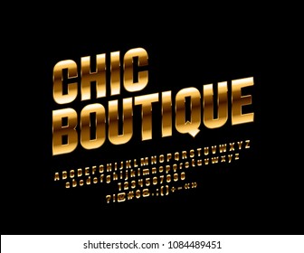 Logo de la élite vectorial Chic Boutique. Fuente exclusiva. Letras, números y símbolos dorados de lujo