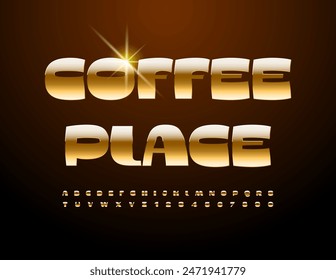 Vector elite logo Coffee Place. Elegant Gold Font. Luxury Alphabet Letters and Numbers.