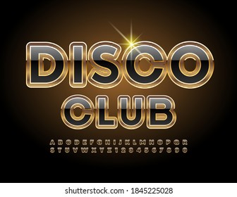 Vector elite logo Disco Club. Black and Gold unique Font. Shiny Luxury Alphabet Letters and Numbers set