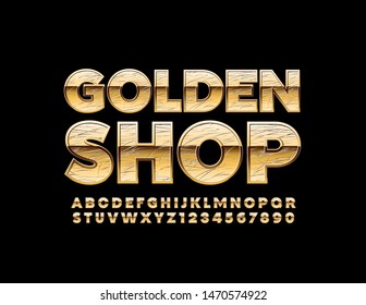 Logo de la élite vectorial Golden Shop. Tipo de letra en mayúsculas. Letras y números de alfabeto chic