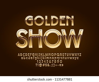 Vector elite logo Golden Show. Chic texture Font. Luxury Alphabet Letters, Numbers and Symbols