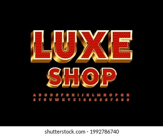 Vector elite logo Luxe Shop. Shiny Red and Gold Font. 3D Luxury Alphabet Letters and Numbers set