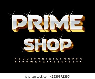 Vector elite logo Prime Shop with 3D Gold and White Font. Luxury set of unique Alphabet Letters and Numbers