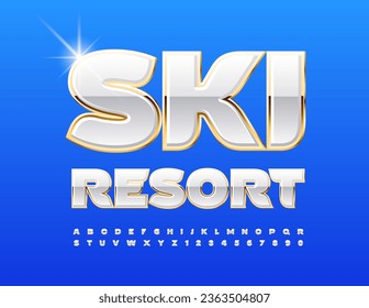 Vector elite logo Ski Resort. Elegant White and Gold Font. Trendy Alphabet Letters and Numbers set