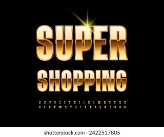 Vector elite logo Super Shopping. Elegant Gold Font. Luxury Alphabet Letters and Numbers set.