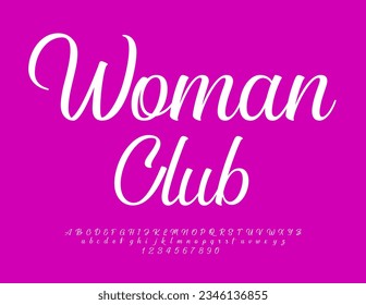 Vector elite Logo Women Club. Cursive white Font. Set of stylish Alphabet Letters and Numbers