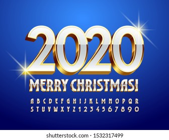 Vector elite Merry Christmas 2020 greeting card. White and Golden Alphabet Letters and Numbers. Chic Uppercase Font