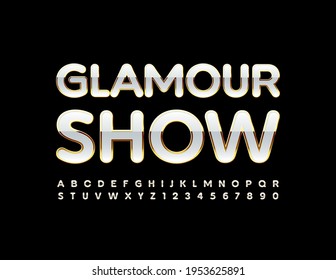 Afiche de la élite vectorial Glamour Show con fuente blanca y dorada. Juego de letras y números de alfabeto de lujo