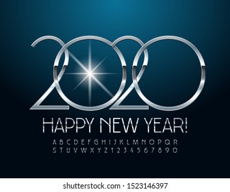 Vector elite poster Happy New Year 2020. Silver elegant Font. Metal Uppercase Alphabet Letters and Numbers