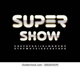 Super Show de afiches de élite vectorial. Tipografía técnica blanca y dorada. Juego de letras y números de alfabeto de lujo