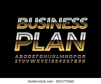 Plan de negocio de la elite de vectores. Fuente Metálica brillante. Juego de letras y números de alfabeto creativo de oro