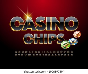 Vector Elite Sign Casino Chips. 3D Gold And Black Font. Luxury Alphabet Letters And Numbers Set